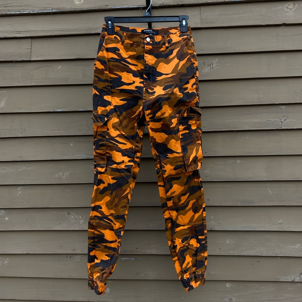 Fashion Nova Orange and Black Camo Cargo Pants